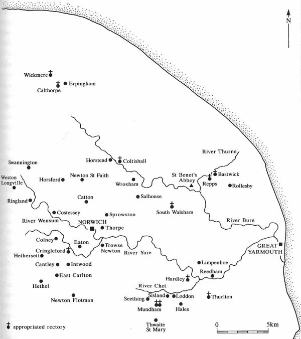 Map of the Norfolk estates of St Giles' hospital, taken from C. Rawcliffe, Medicine for the Soul: The Life, Death and Resurrection of an English Medieval Hospital. St Giles's, Norwich, c. 1249-1550 (Stroud, 1999), p.  71