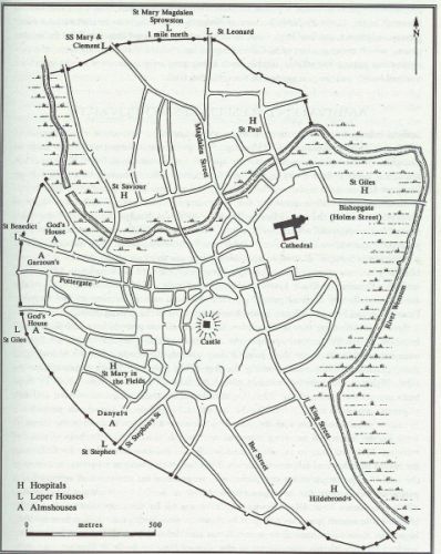 Map of the hospitals of medieval Norwich, taken from C. Rawcliffe, Medicine for the Soul: The Life, Death and Resurrection of and English Medieval Hospital. St Giles's, Norwich, c. 1249-1550 (Stroud, 1999), p. 3
